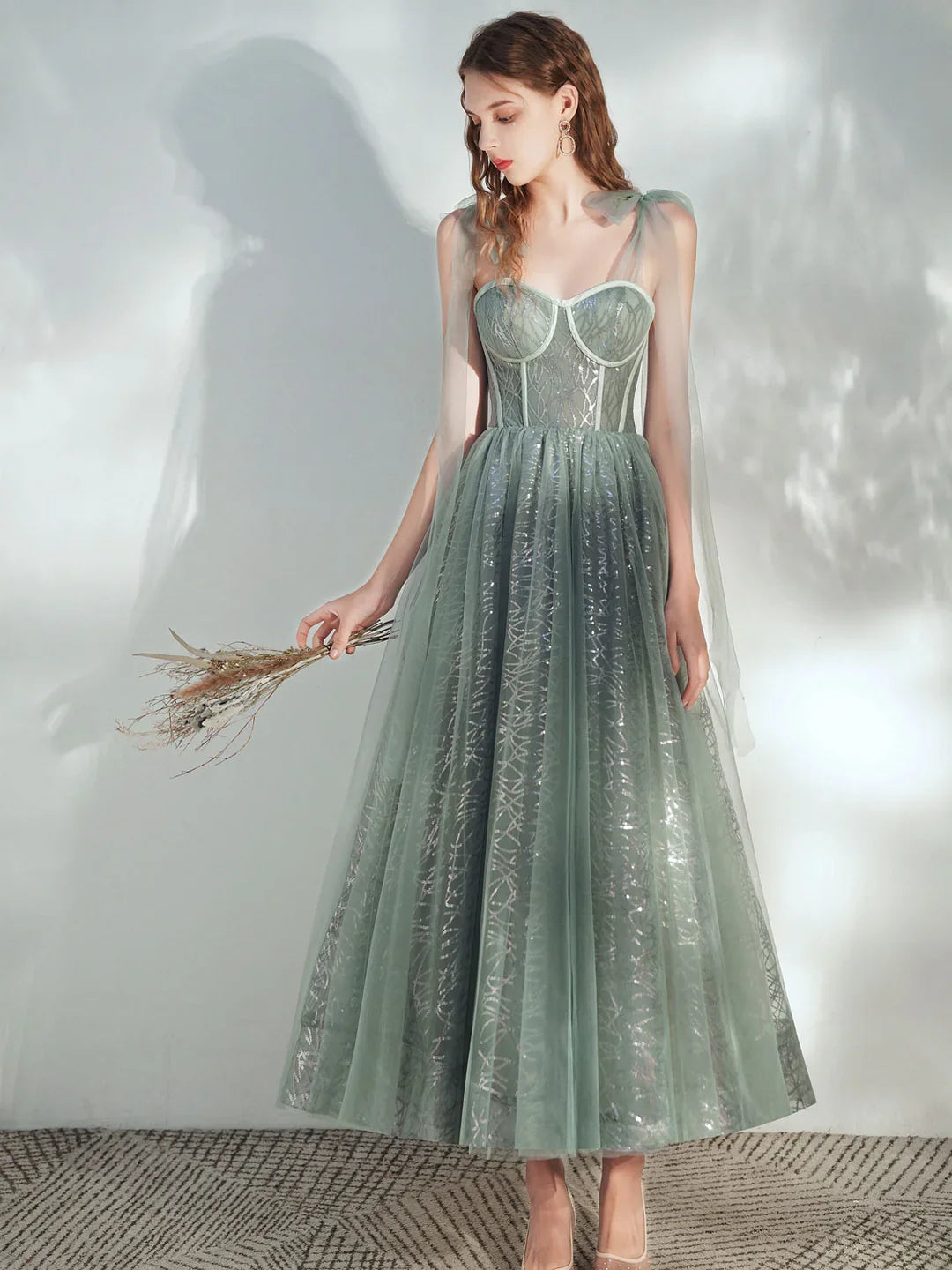 Sweetheart corset A-line midi dress, sage green glitter texture and thin straps