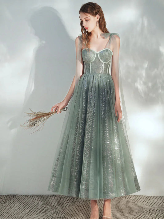 Sweetheart corset A-line midi dress, sage green glitter texture and thin straps
