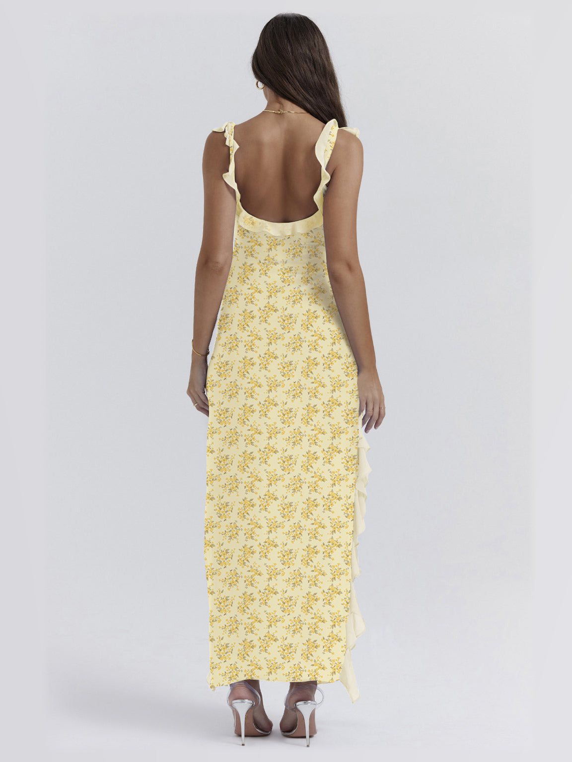 Yellow maxi formal dress, back full-length view showing the bodice