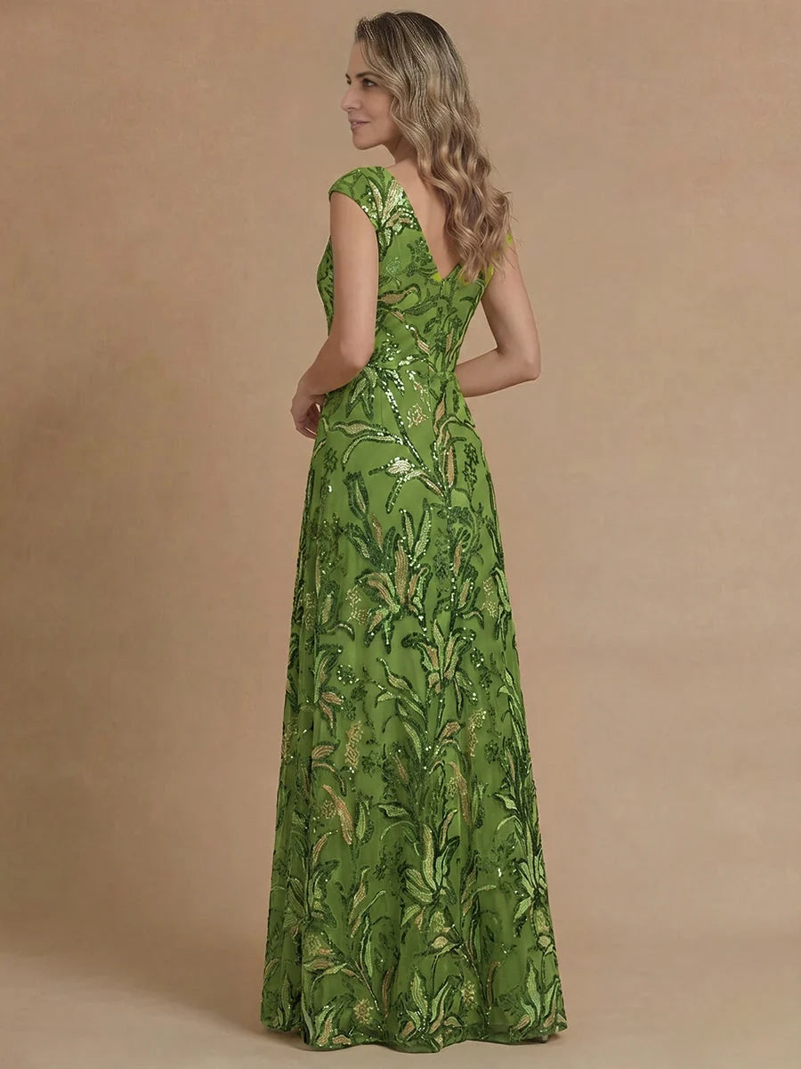 Green V-neck sleeveless A-line maxi dress, side view with floral sequin embroidery