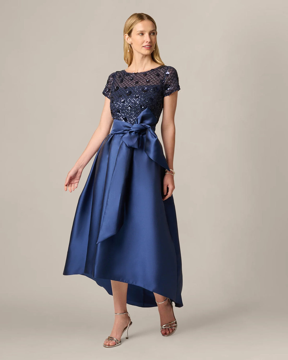 Navy embellished maxi dress with sequined cap sleeves and satin bow waist