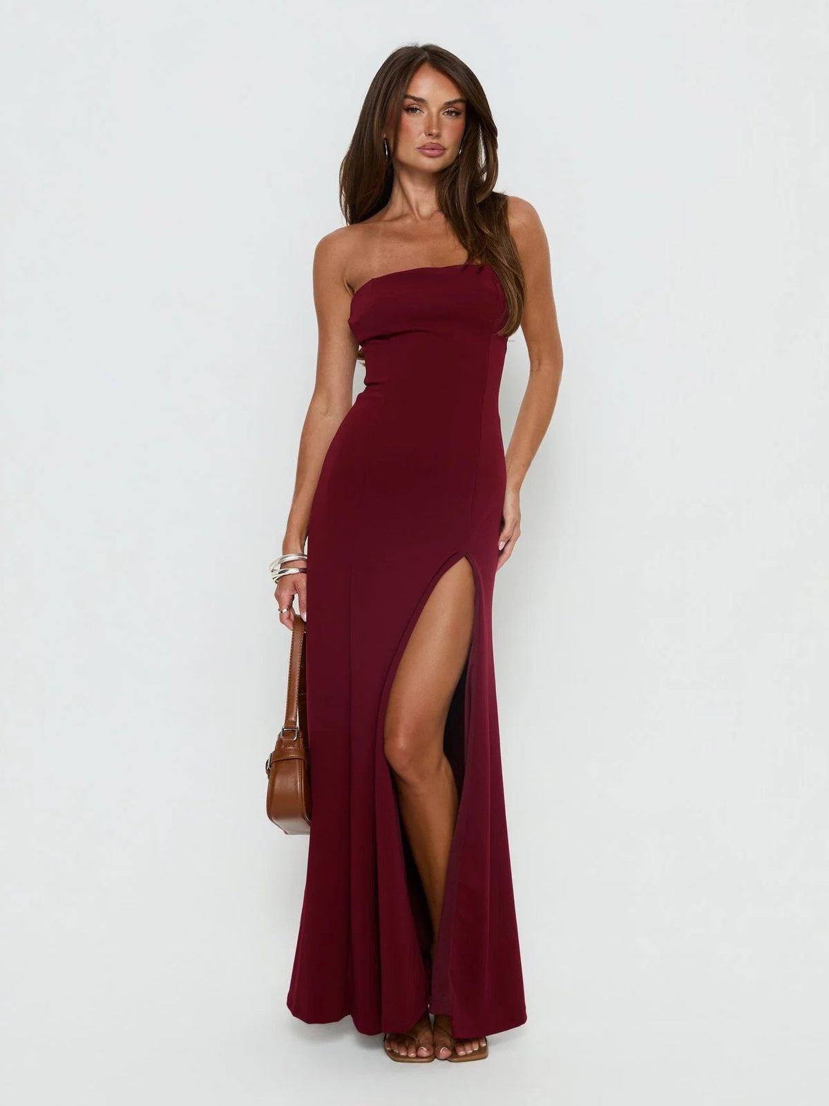 Burgundy formal dress with strapless neckline