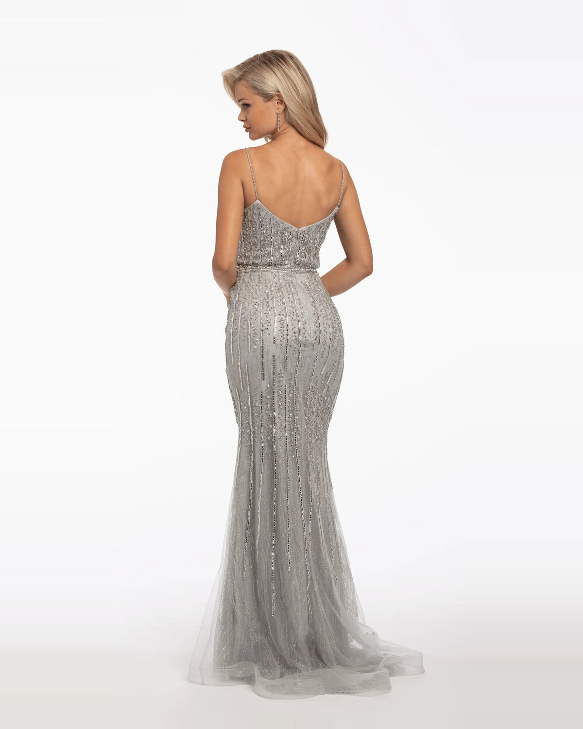 Silver sequin maxi prom dress with open back and fitted column silhouette