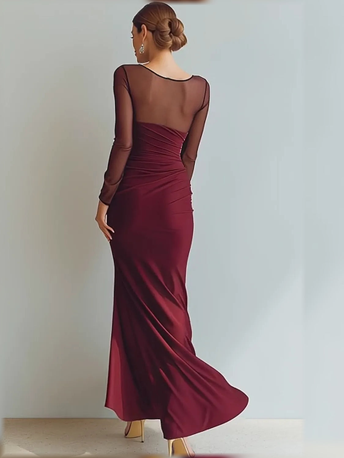 Burgundy ruched floor-length formal dress, sheer long sleeves, open back, side drape