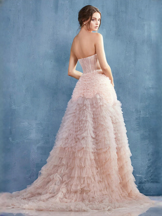 Pink sweetheart corset prom dress with backless look and tiered tulle ruffle mermaid skirt