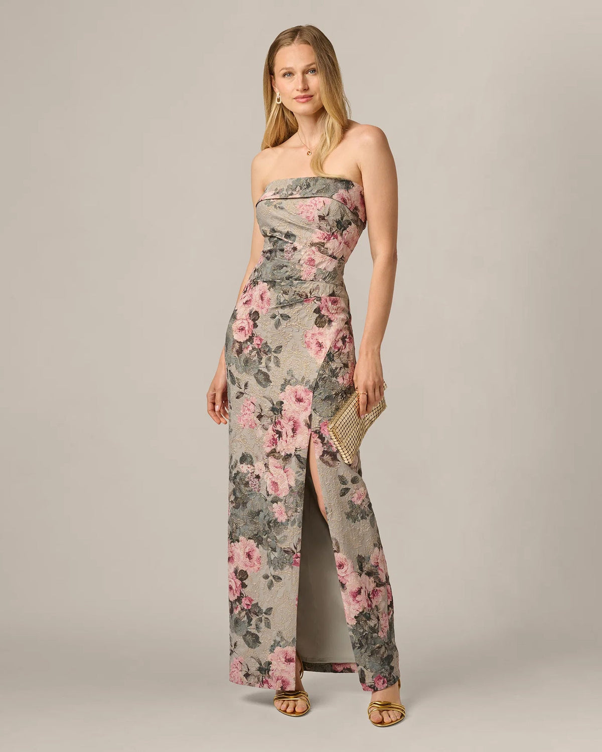 Strapless floral print maxi sheath dress with fitted bodice and thigh-high slit