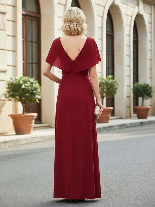 Burgundy open-back V-neck maxi dress with ruched waist and short sleeves