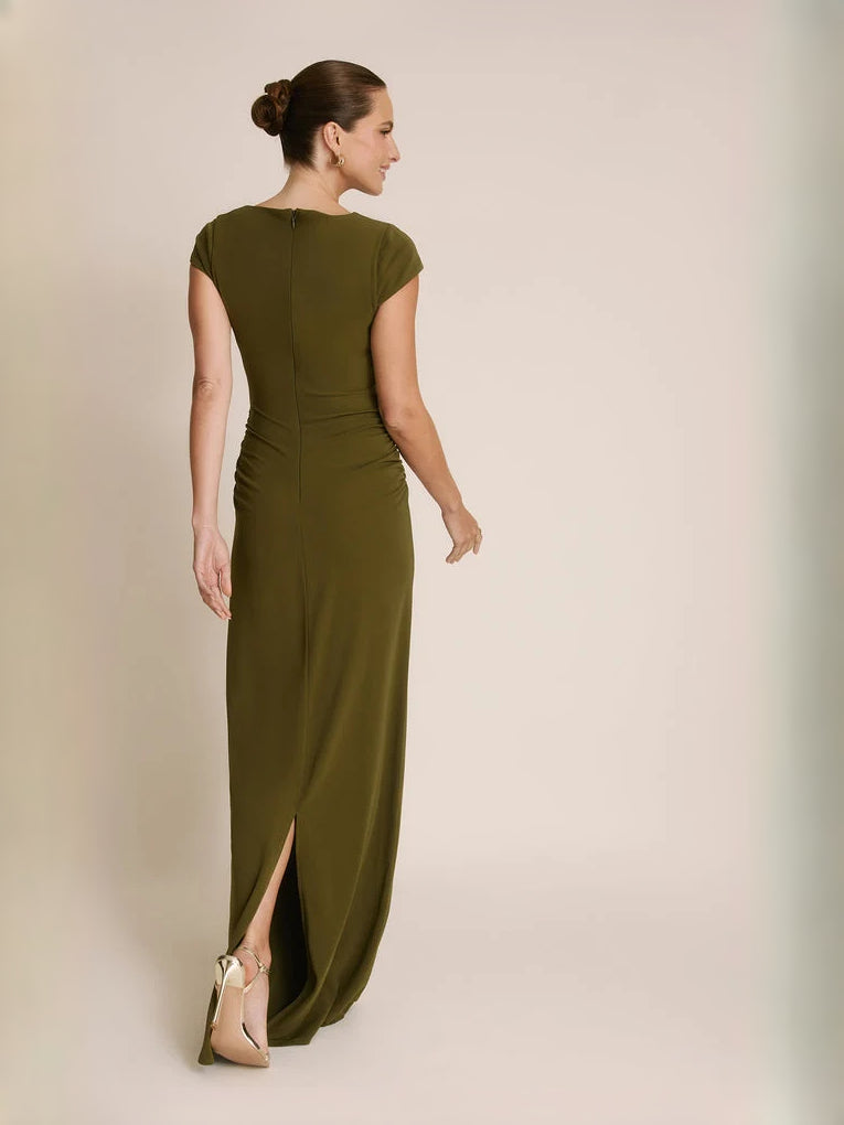 Olive green bodycon midi dress back view with short sleeves and side slit at hem