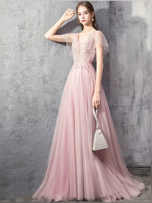 Blush pink off-shoulder A-line formal dress with lace bodice and flowing floor-length skirt