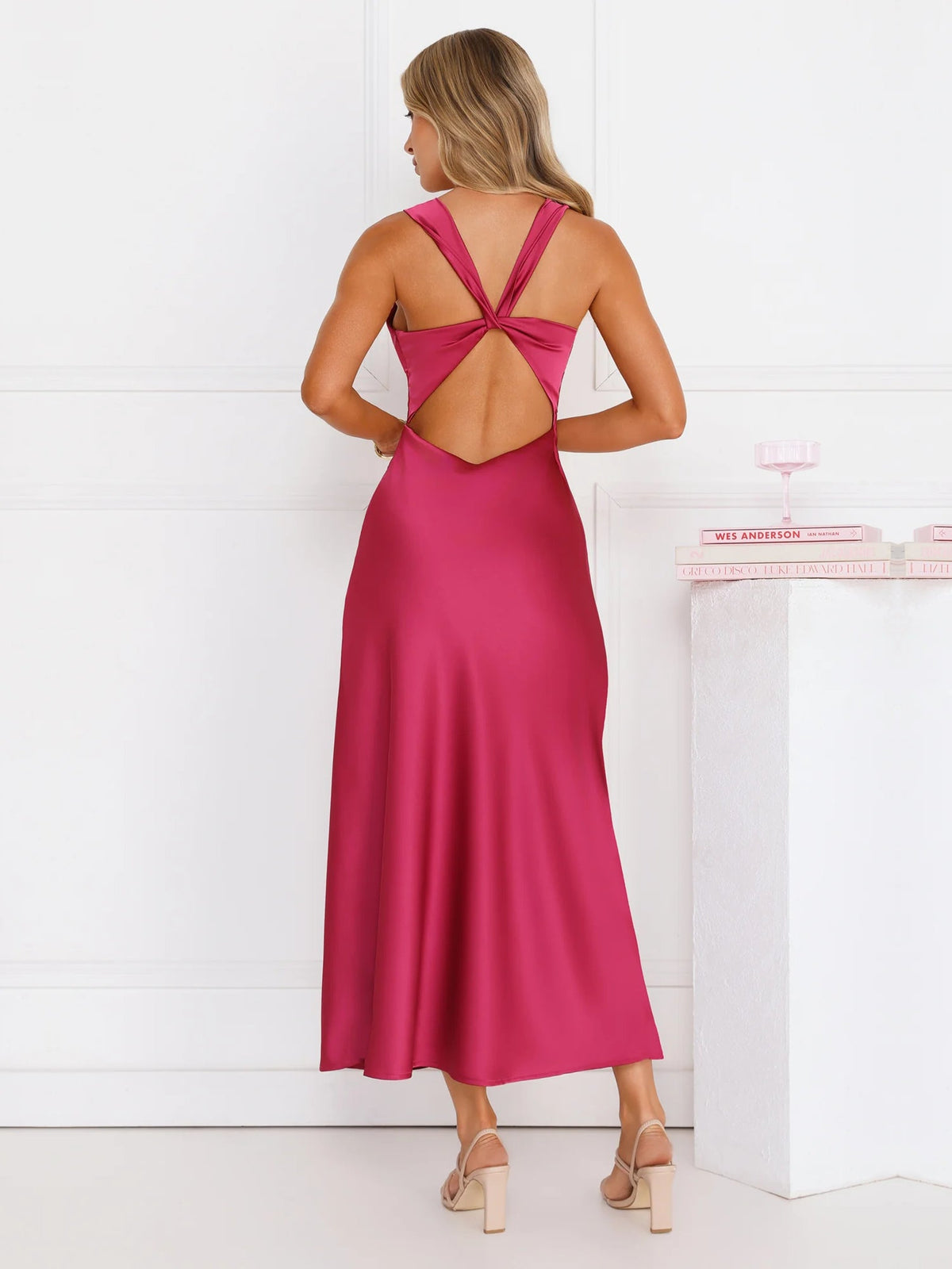 Burgundy sheath maxi formal dress with open back, full-length back view