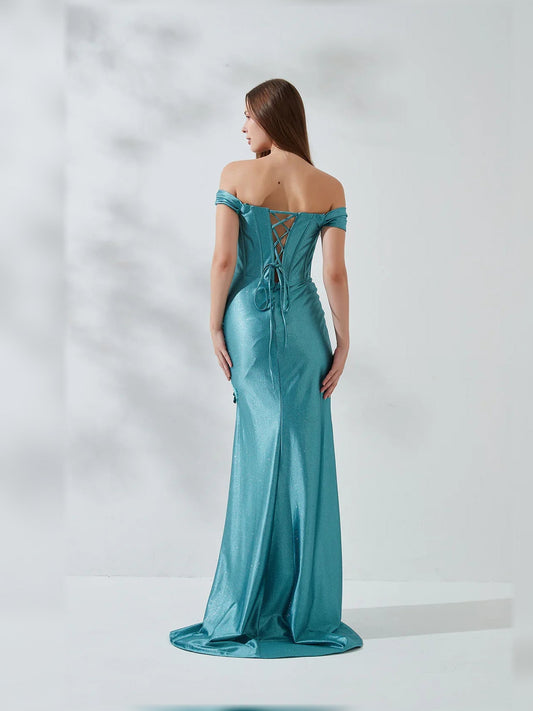 Jade off-shoulder formal dress with floral embroidery at back, short sleeves, long length