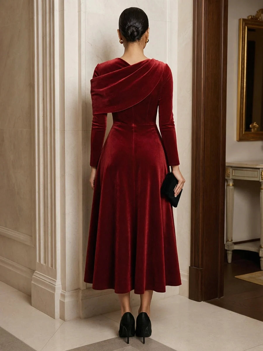Burgundy velvet midi dress with draped back detail, A-line skirt, long sleeves