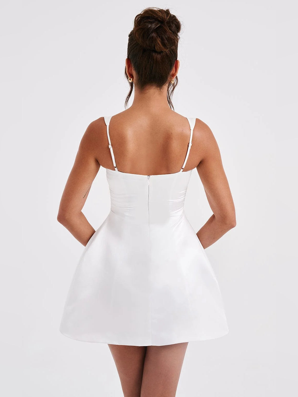 Ivory mini homecoming dress, open back with thin spaghetti straps