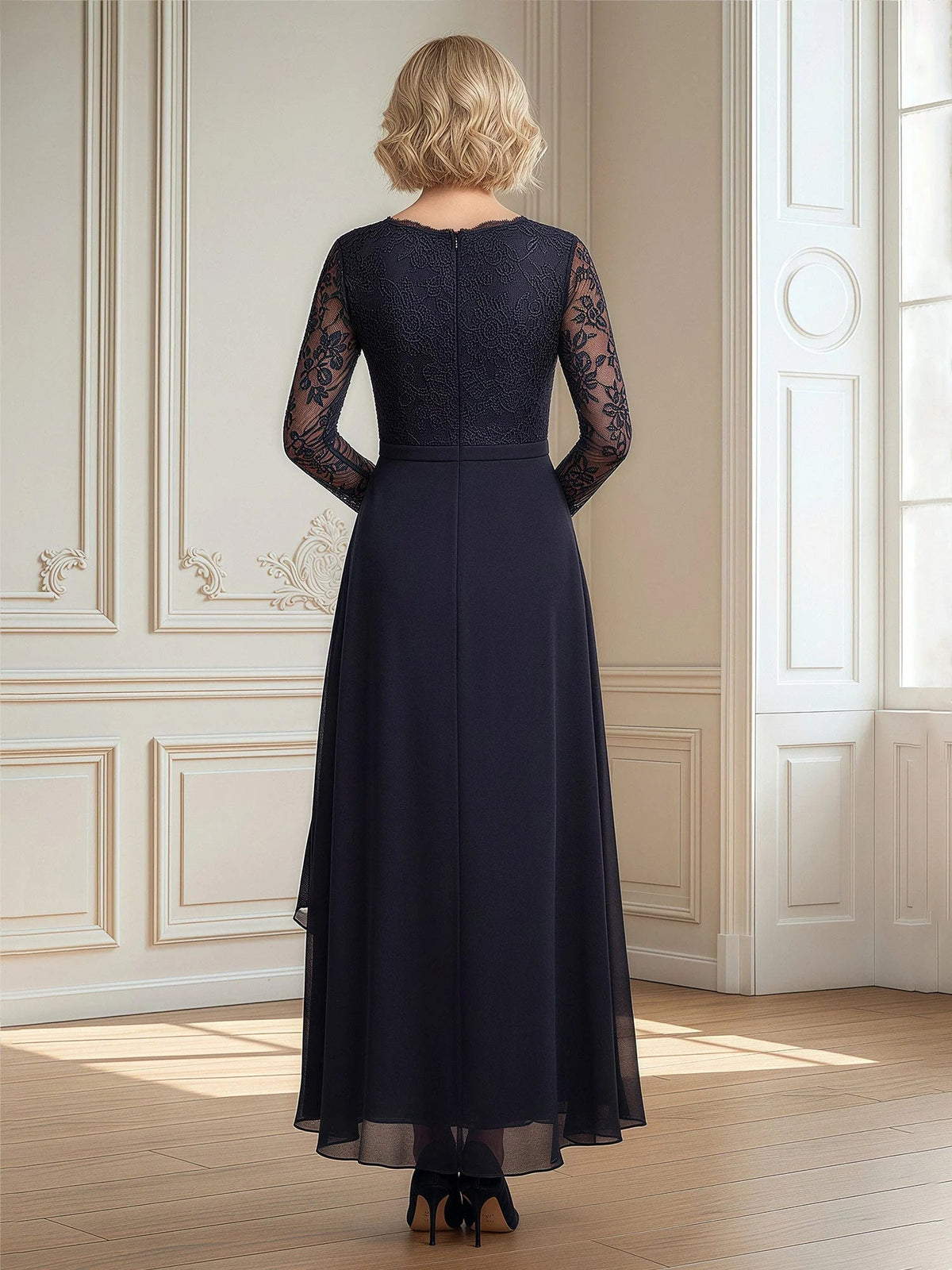 Dark navy A-line chiffon dress with lace back sleeves and high-low skirt