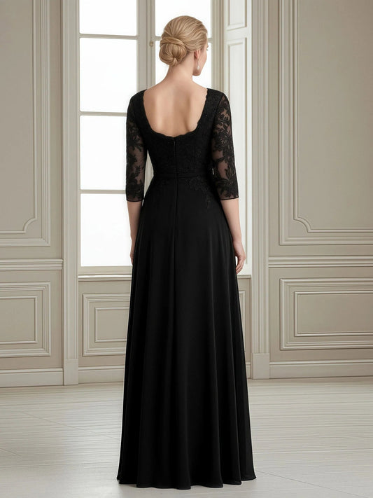 Black A-line formal dress with backless square back, lace 3/4 sleeves, chiffon skirt