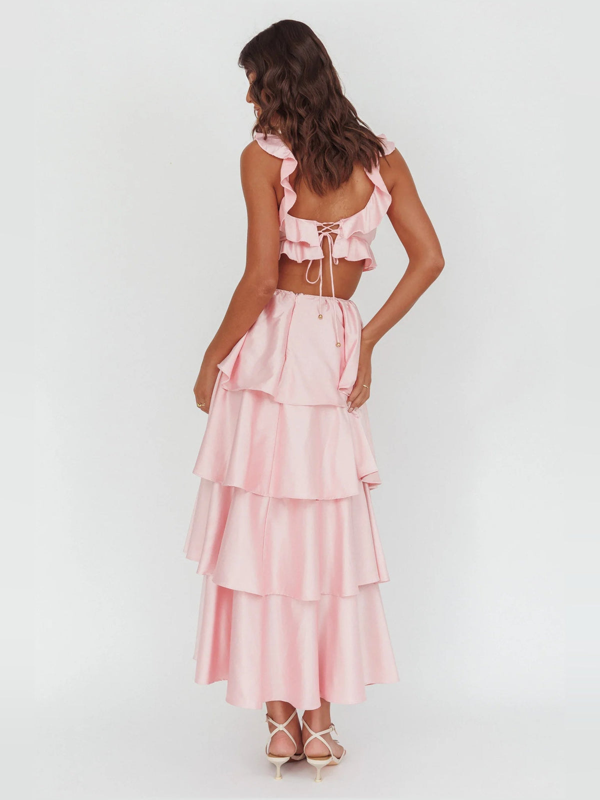 Pink tiered ruffle maxi dress, V-neck front and open-back lace-up detail