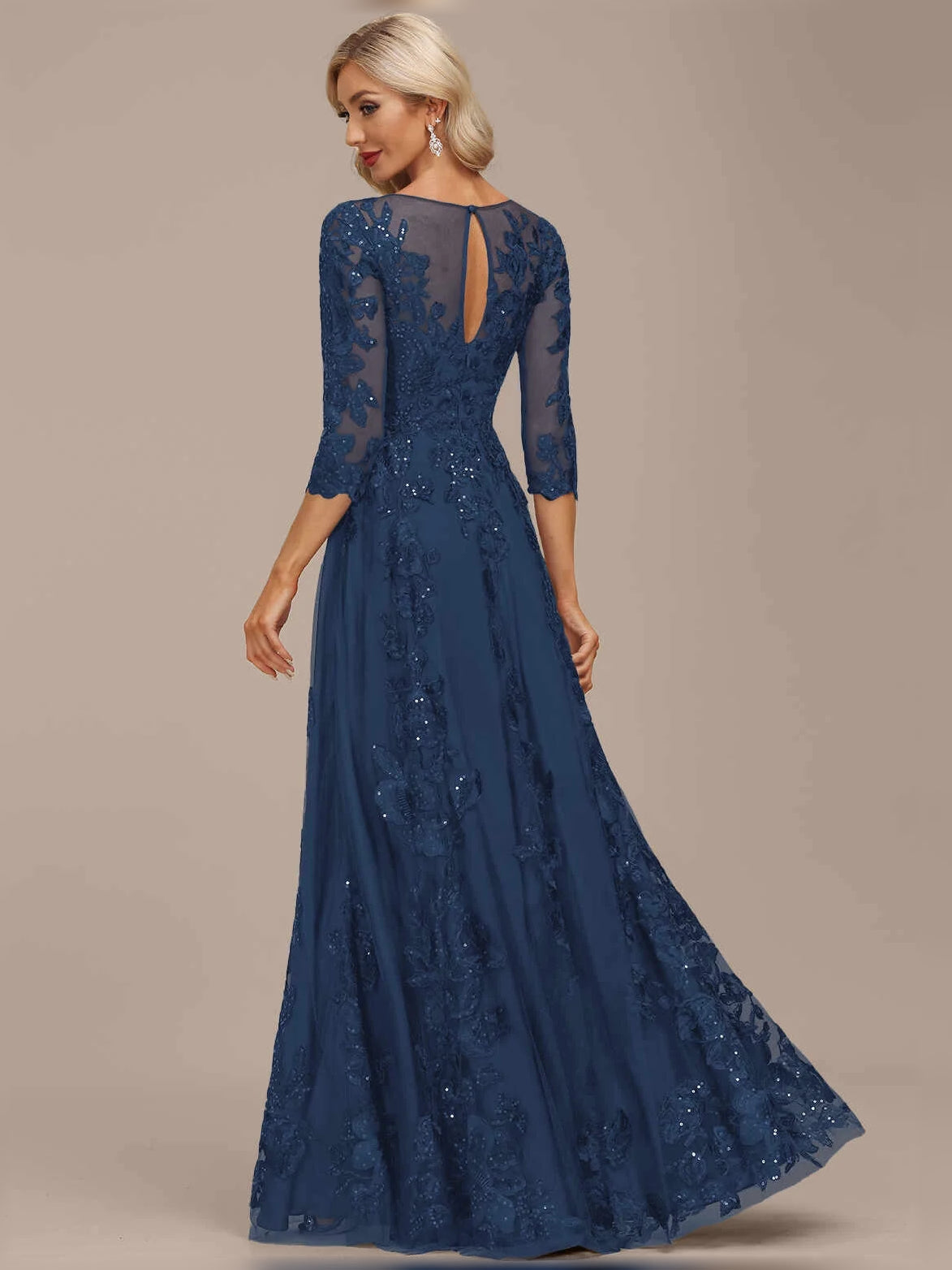 Dark blue A-line maxi dress, illusion bodice and sheer lace three-quarter sleeves