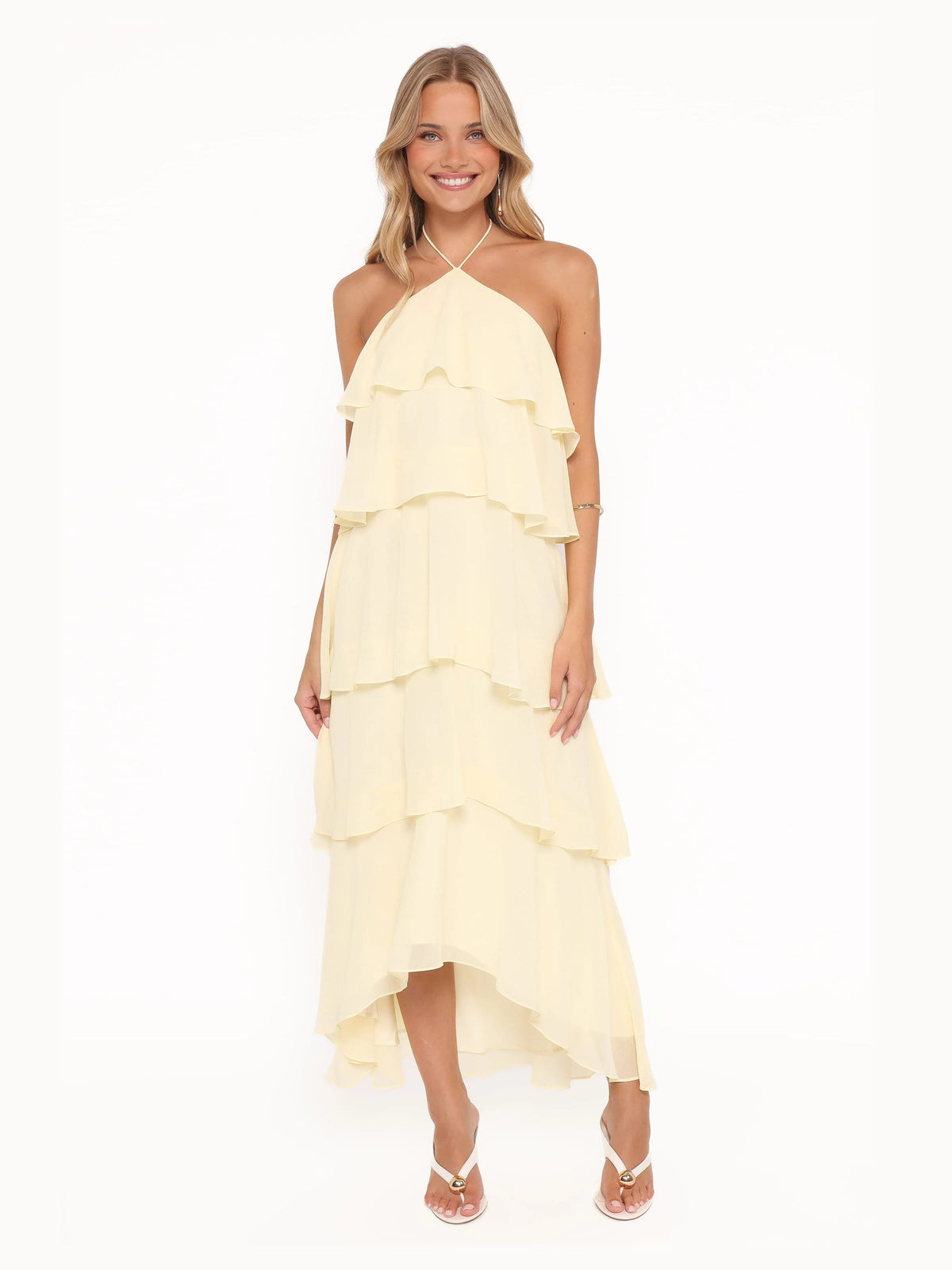 Yellow formal dress with halter neck neckline
