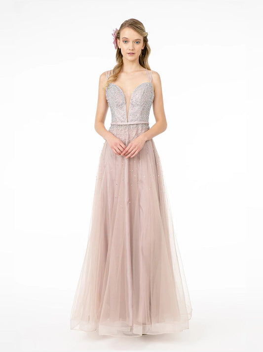 Beaded V-neck A-line prom dress with spaghetti straps, glittery bodice, floor-length tulle