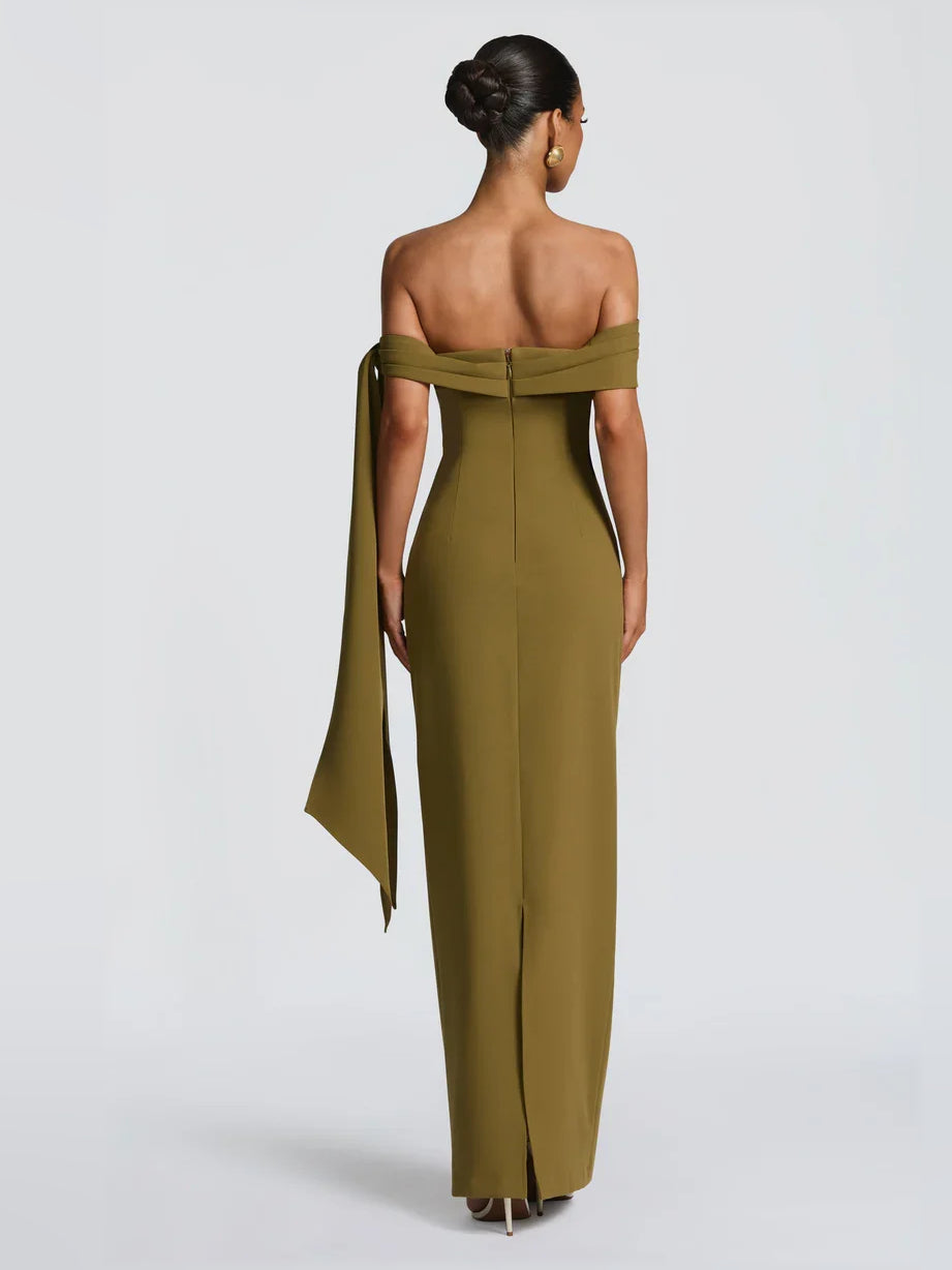 Olive green off-shoulder sheath maxi dress, back view with bow sash