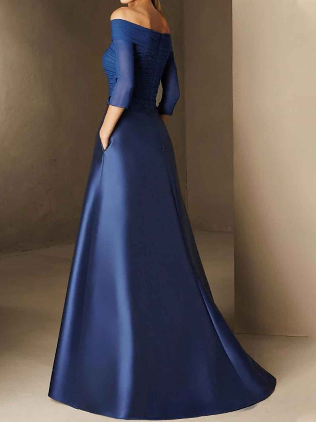 Navy blue satin A-line off-shoulder gown with ruched bodice and 3/4 sleeves