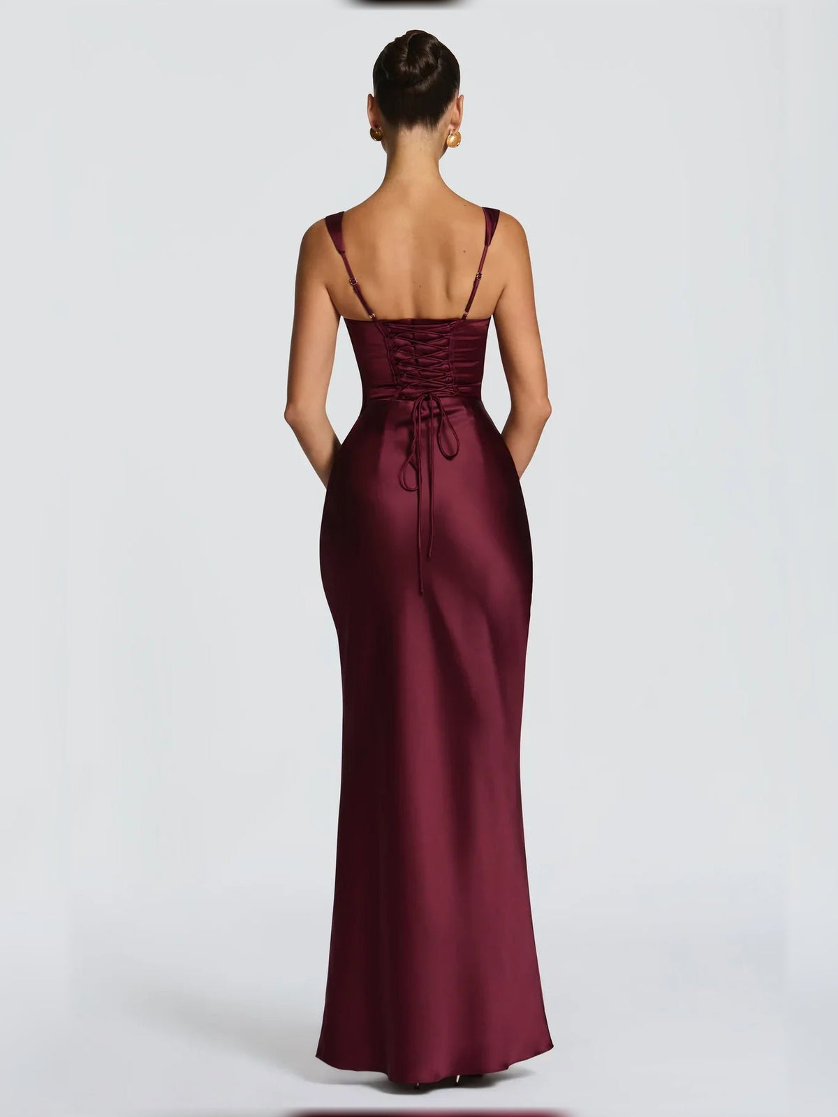 Burgundy corset formal dress, ruched back with scoop neckline and floor-length skirt