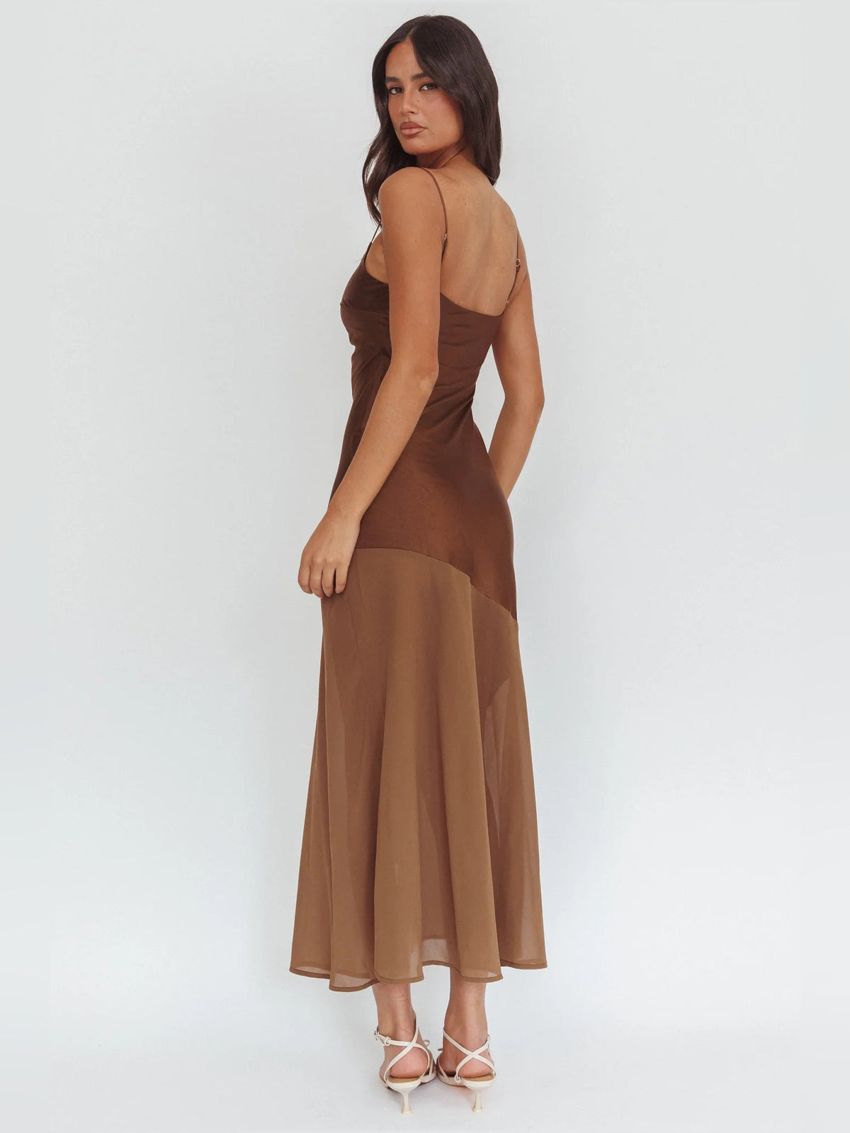 Chocolate sheath midi formal dress, full-length back view