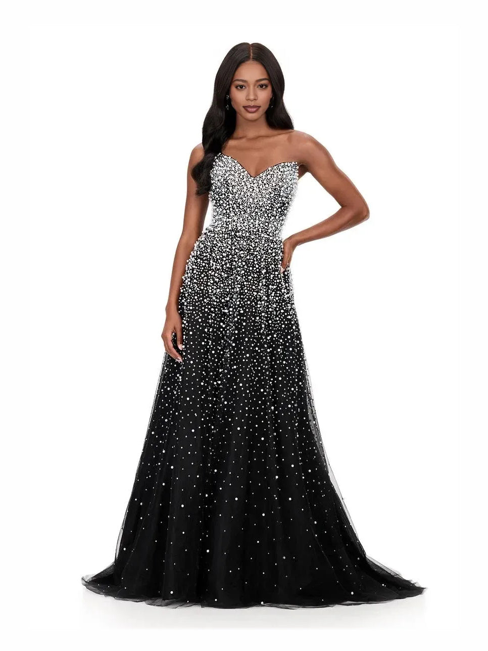 Black beaded sweetheart corset A-line tulle prom dress, floor-length, thin straps