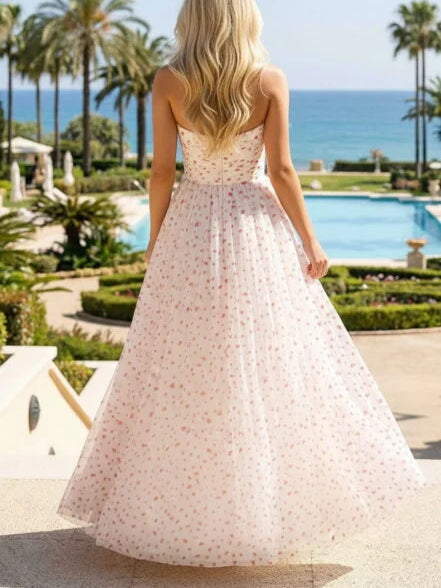 Sweetheart ruching midi formal dress, white with red floral print, open back, spaghetti straps