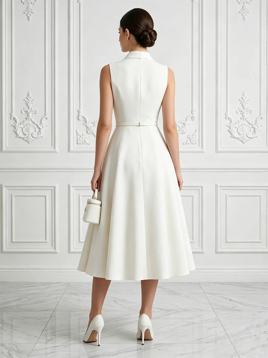 White V-neck sleeveless A-line midi crepe dress, back view with gathered waist