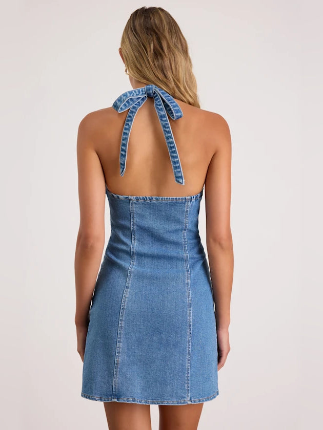 Blue denim halter mini dress, open back with bow tie straps and back seam