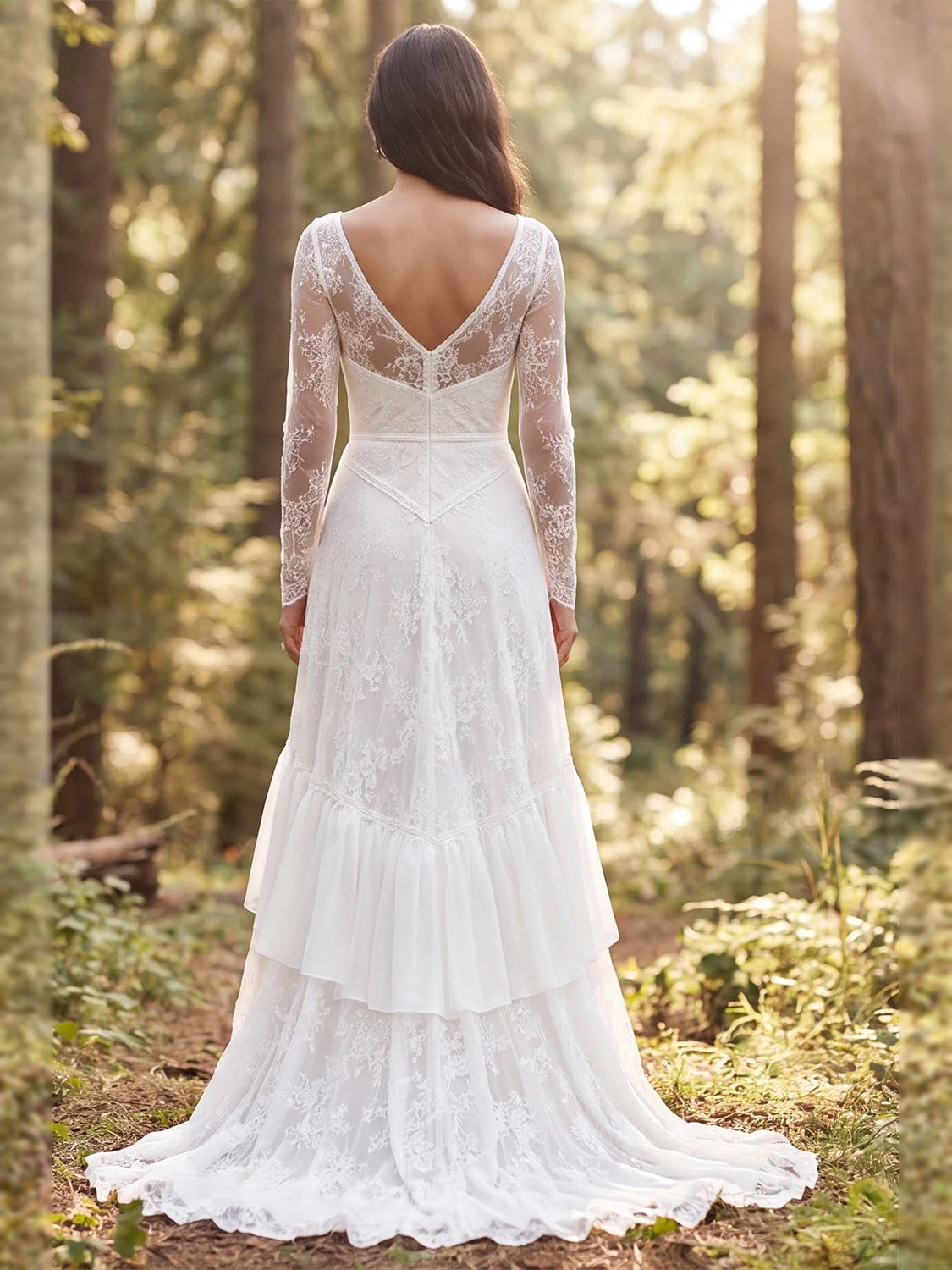 Ivory A-line wedding dress with lace long sleeves, open-back V and tiered ruffle skirt
