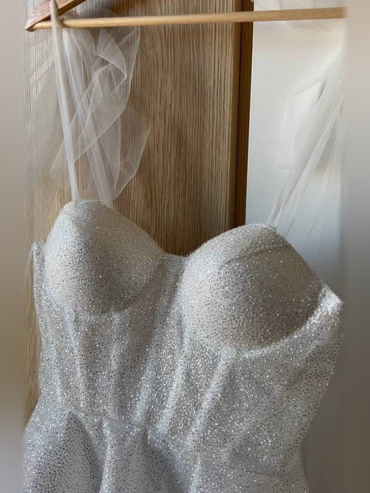 Silver glitter sweetheart mini tulle bodice with sheer bow sleeves and layered skirt
