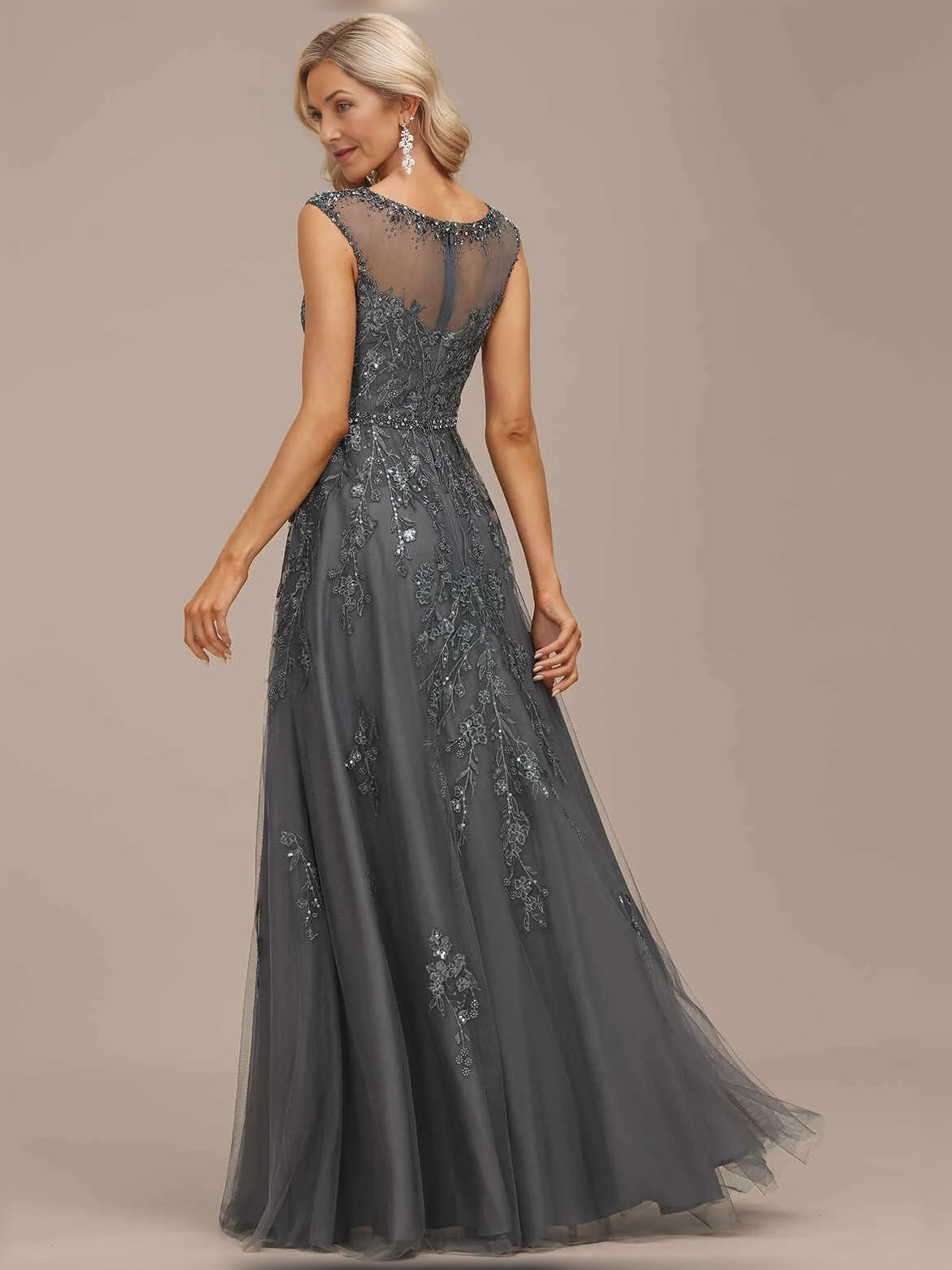 Steel grey sleeveless A-line maxi tulle dress with illusion neckline and beaded floral details