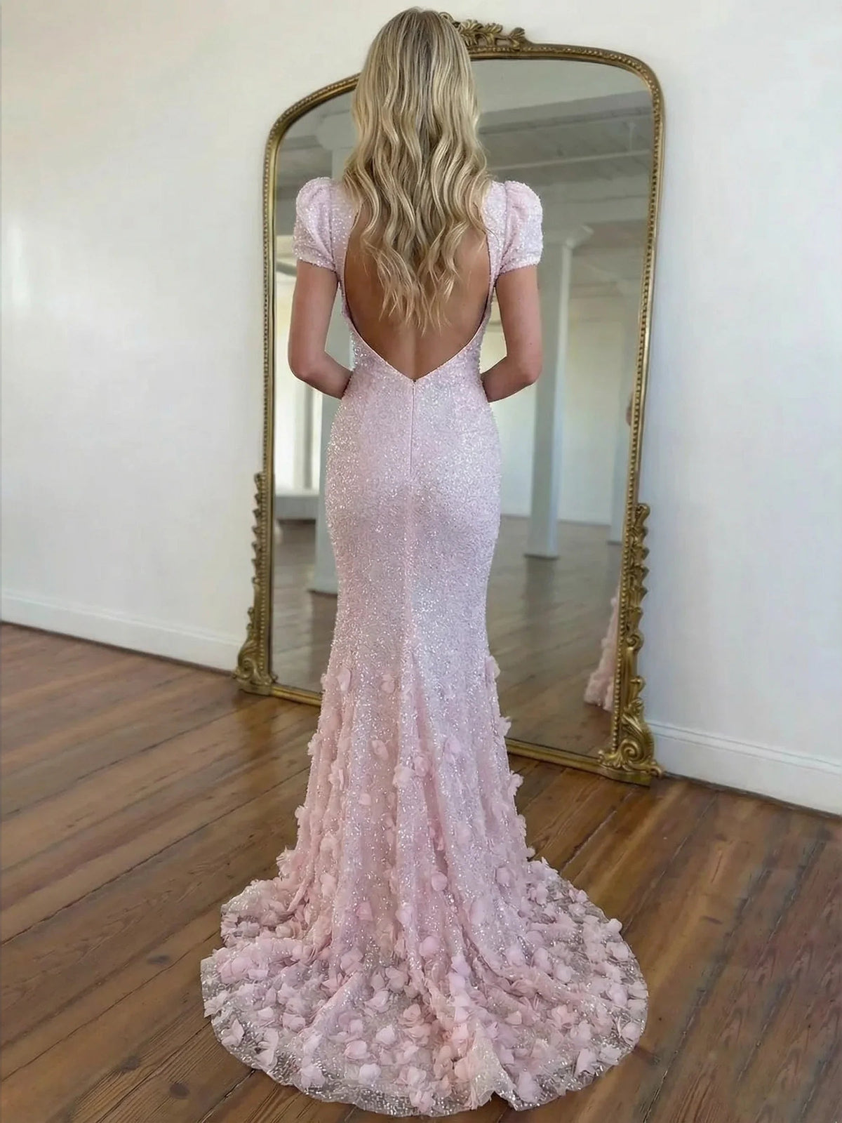 Pink sequined mermaid prom dress with open V back and short puff sleeves