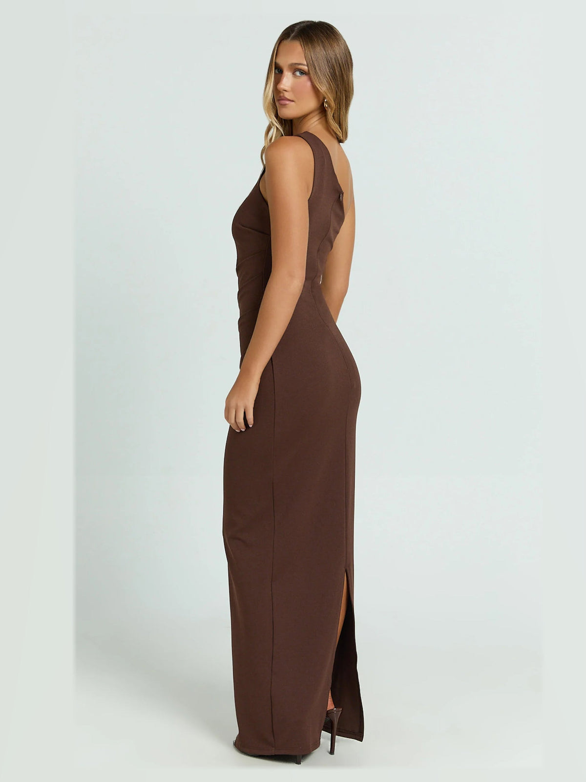 Chocolate maxi formal dress, back full-length view showing the bodice