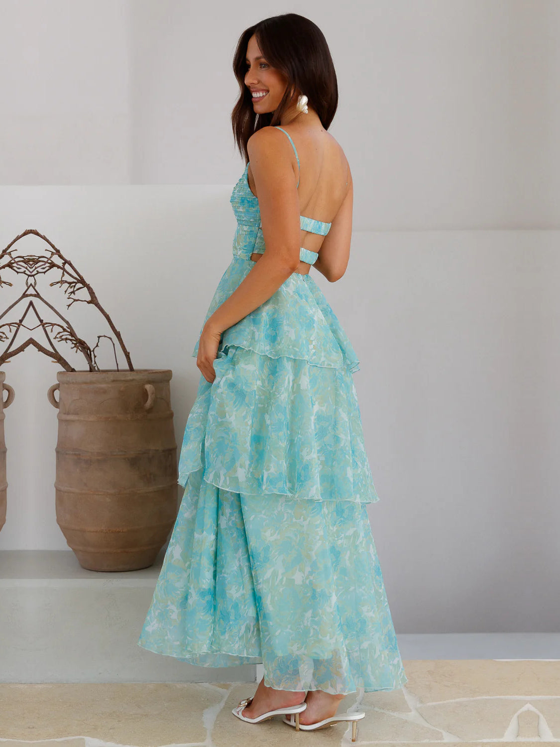 Mint a-line maxi formal dress with floral print, full-length back view