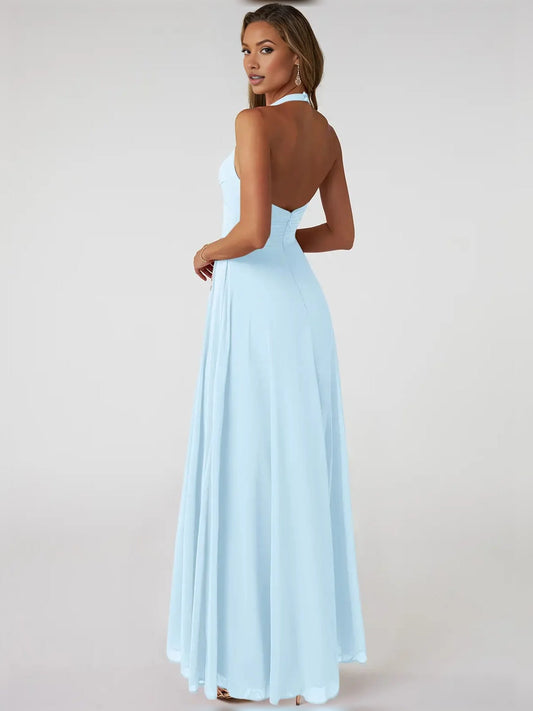 Sky blue A-line maxi chiffon dress with V-back and pleated skirt, sleeveless