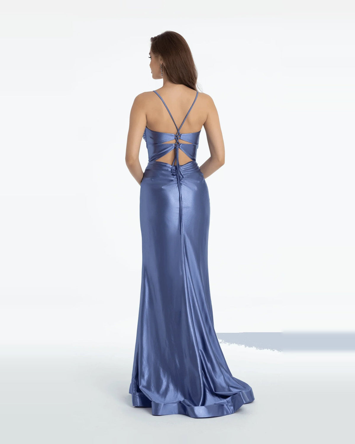 Blue maxi prom dress with crisscross lace-up back and draped corset bodice