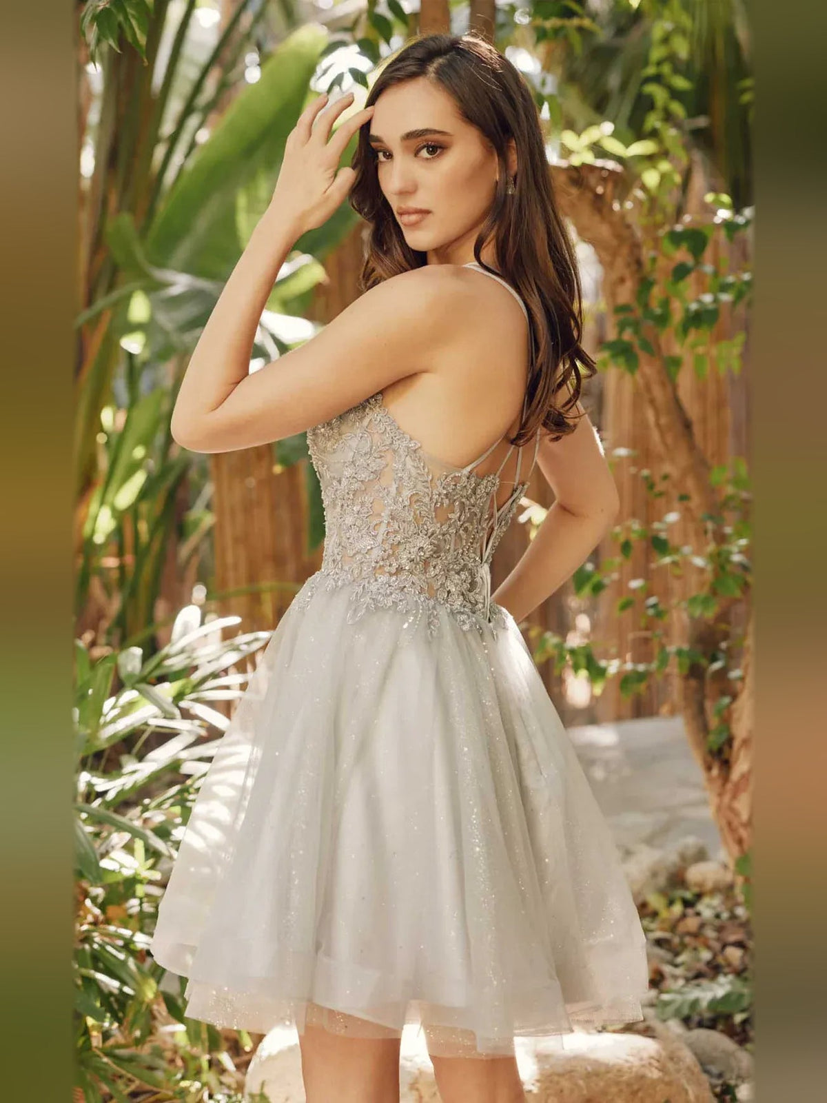 Floral A-line short tulle homecoming dress, corset bodice with spaghetti straps