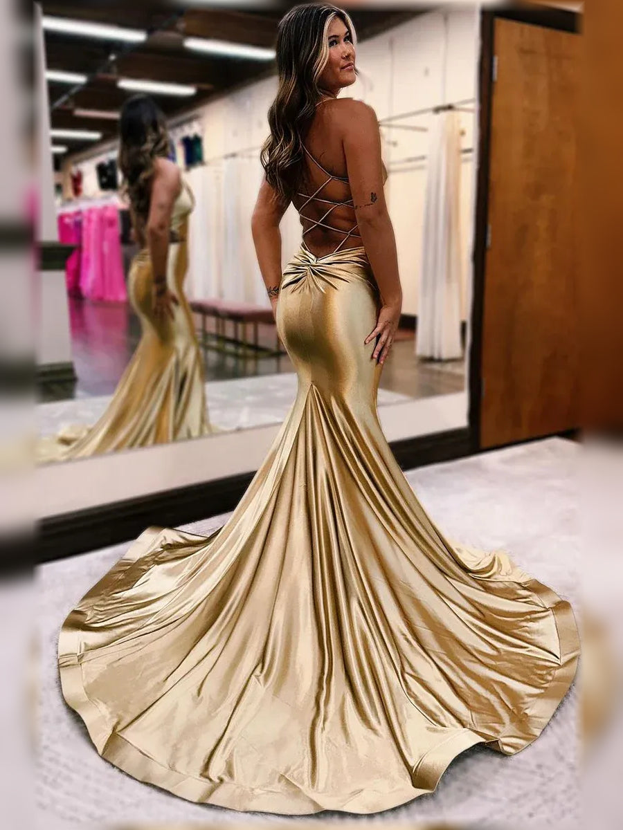 Gold spaghetti-strap mermaid formal dress with draped ruching at waist, floor length