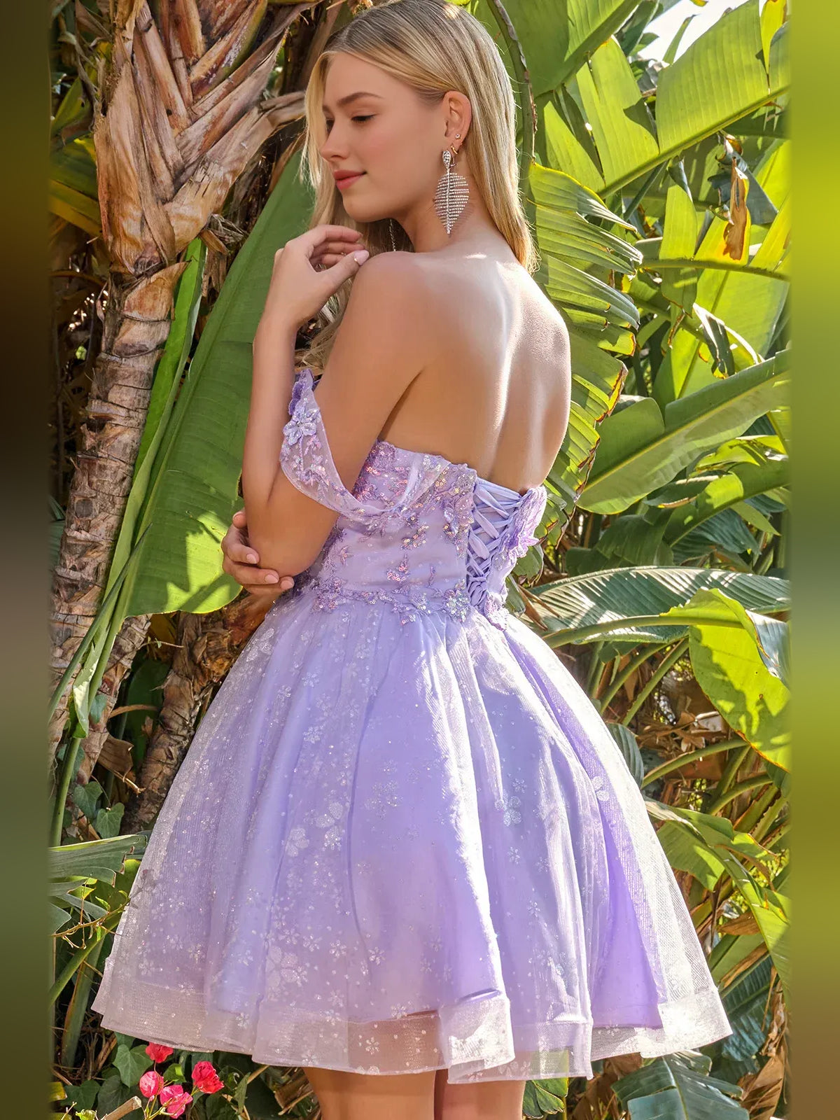 Lilac off-shoulder corset A-line mini tulle dress with lace floral detail