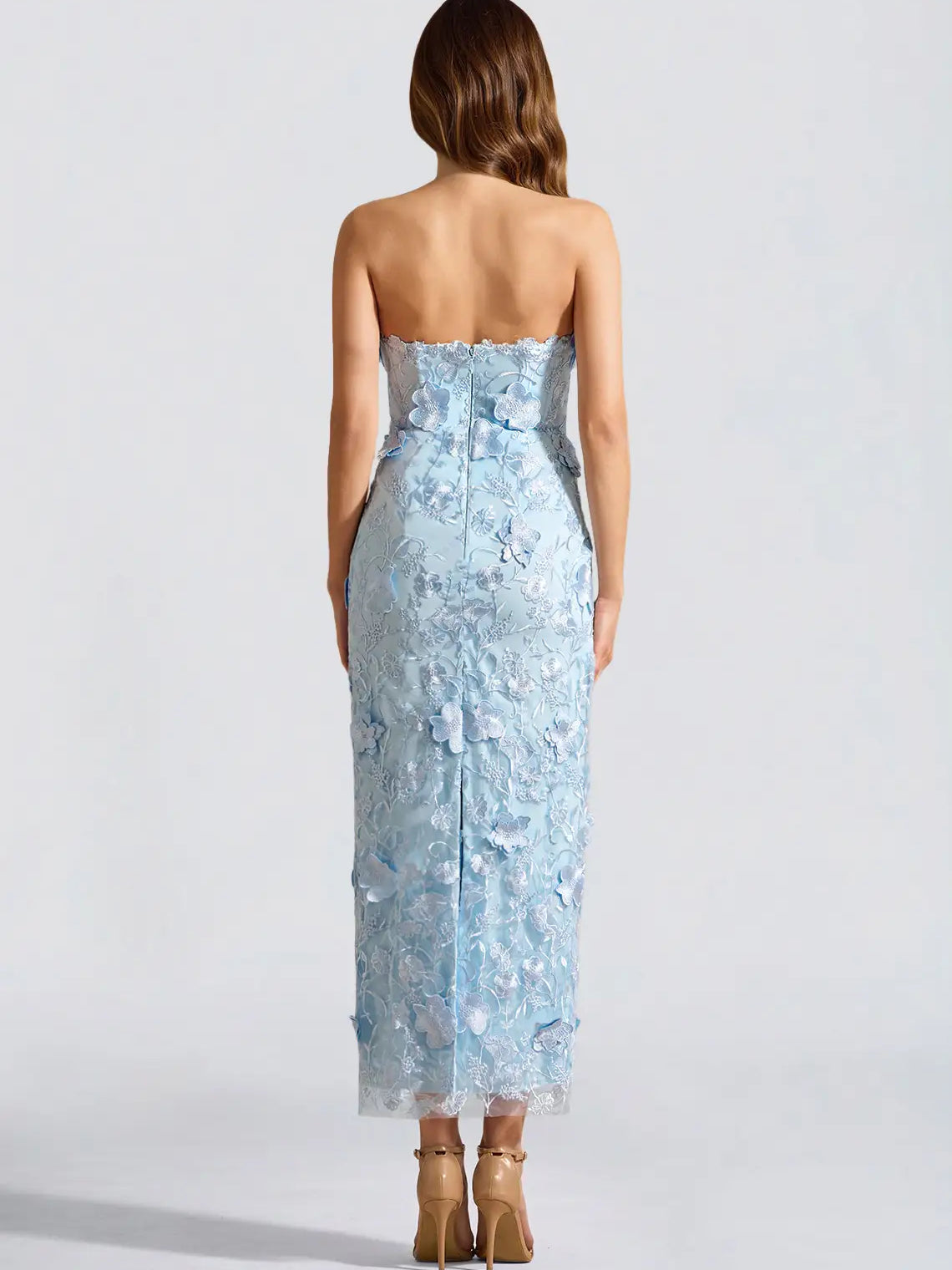 Sky blue floral strapless corset midi formal dress, back view