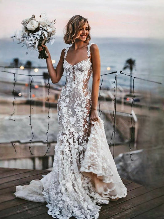 Ivory floral lace mermaid wedding dress with tulle train