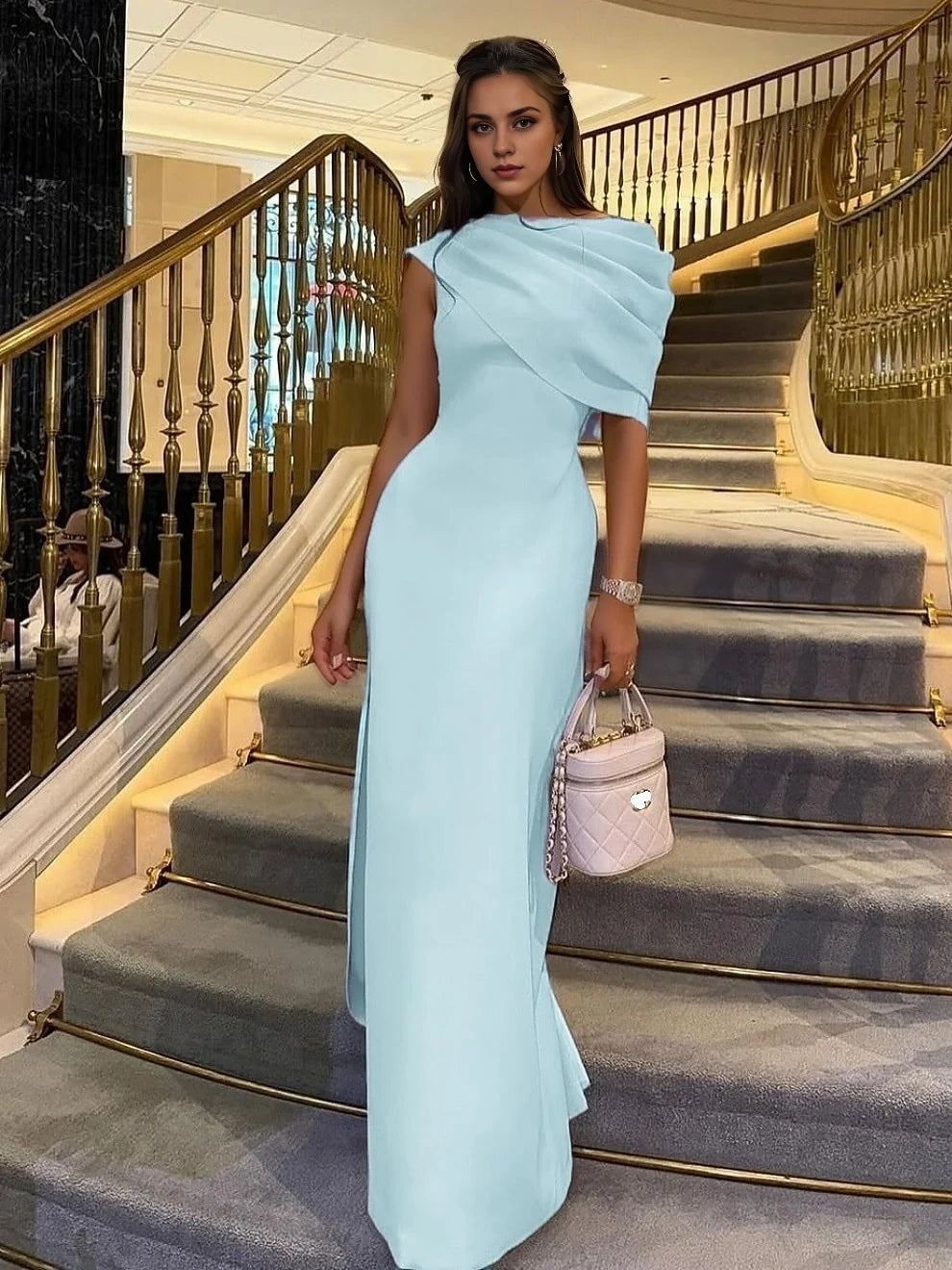 Sky blue satin one-shoulder draped maxi sheath dress with side slit