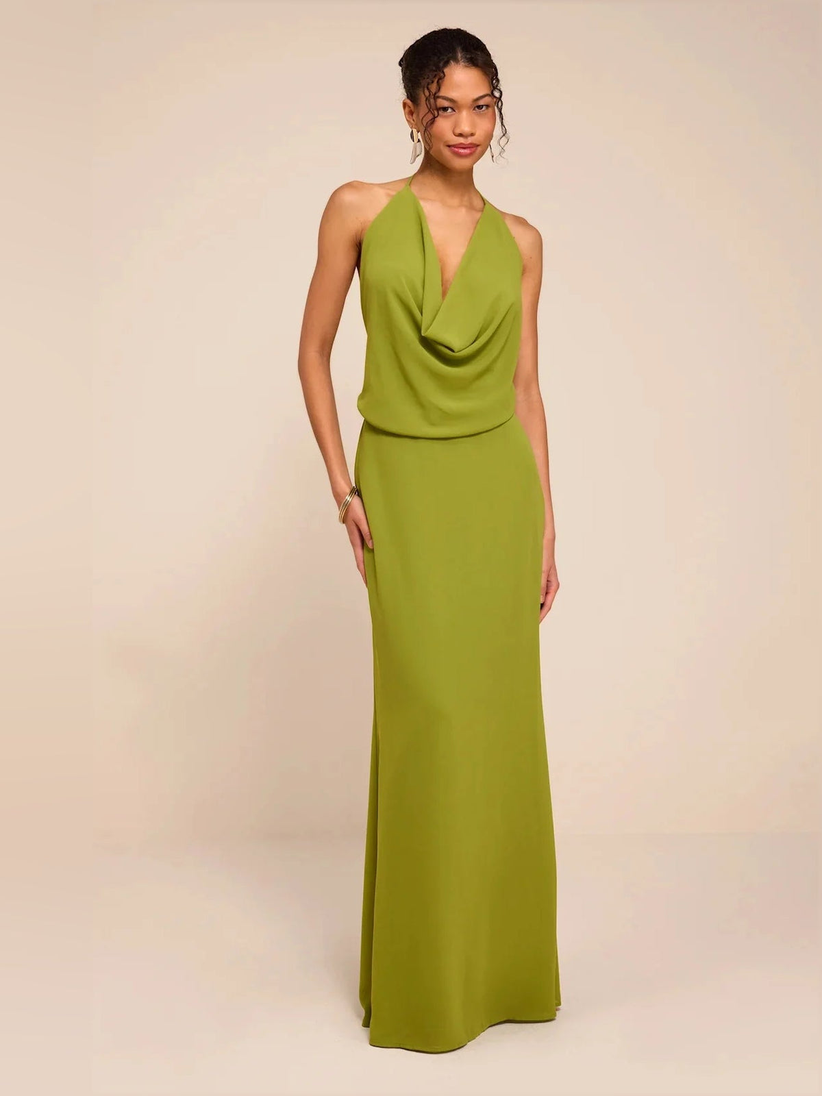 Olive green sleeveless maxi dress with draped cowl neckline and column silhouette