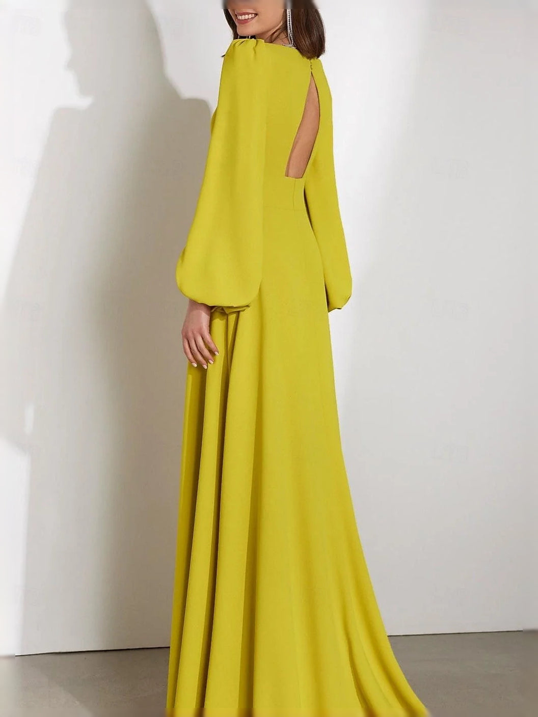 Chartreuse A-line floor-length dress with draped long sleeves and cut-out V-neck
