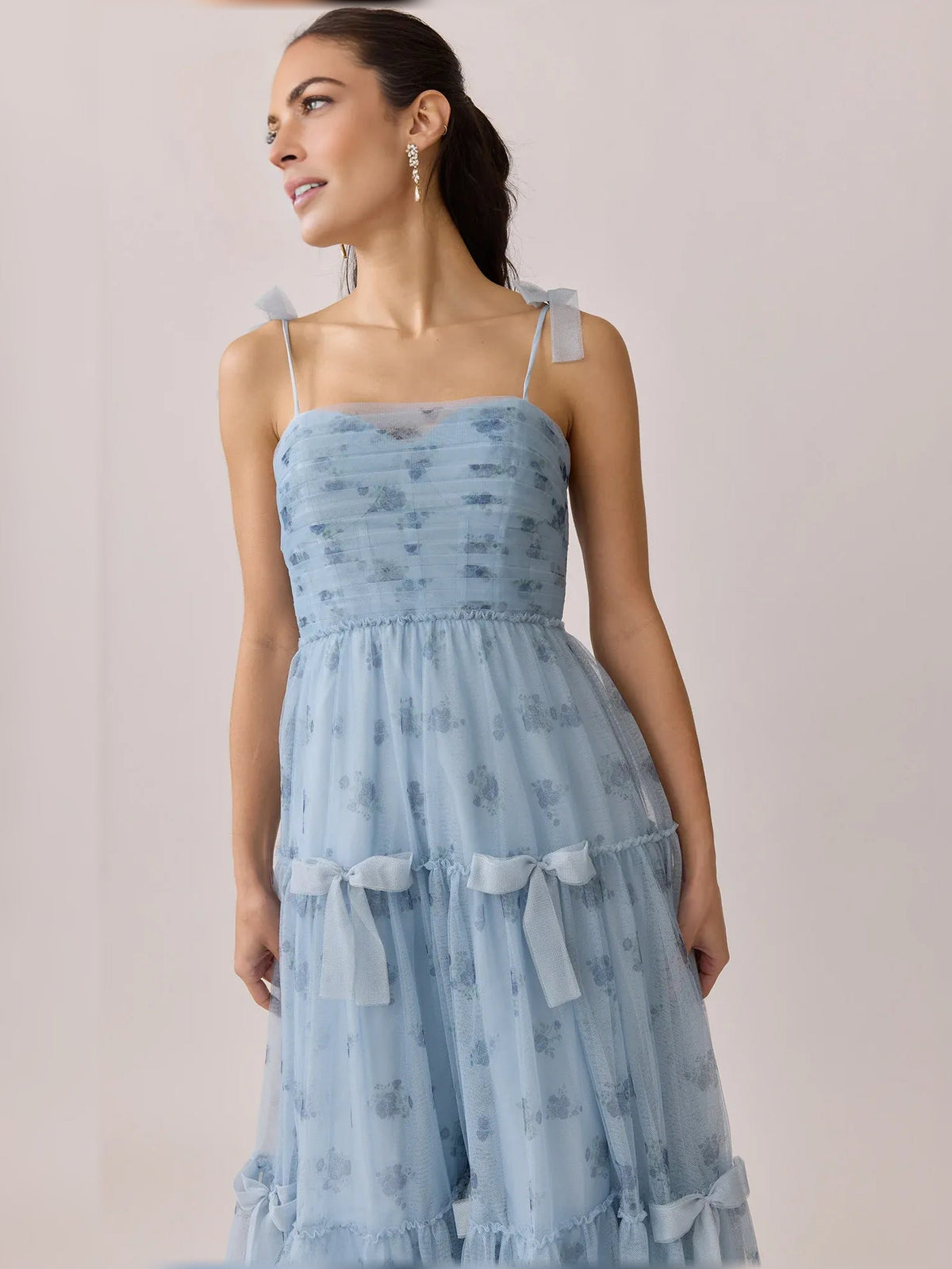 Sky blue floral square-neck tiered formal dress with ruffled waist and straps