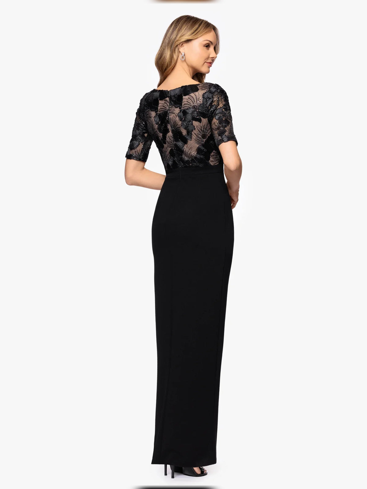 Black floor-length dress with embroidered lace scoop-neck bodice and sleek A-line silhouette