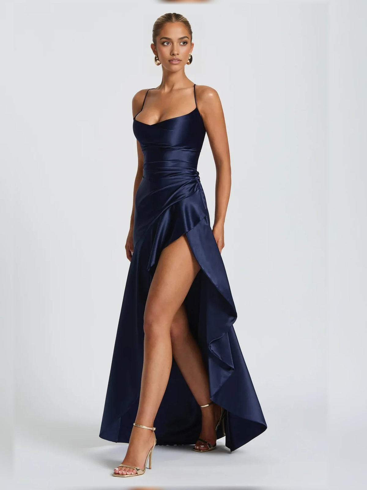 Navy spaghetti-strap sheath formal dress with cowl neckline and asymmetrical side drape
